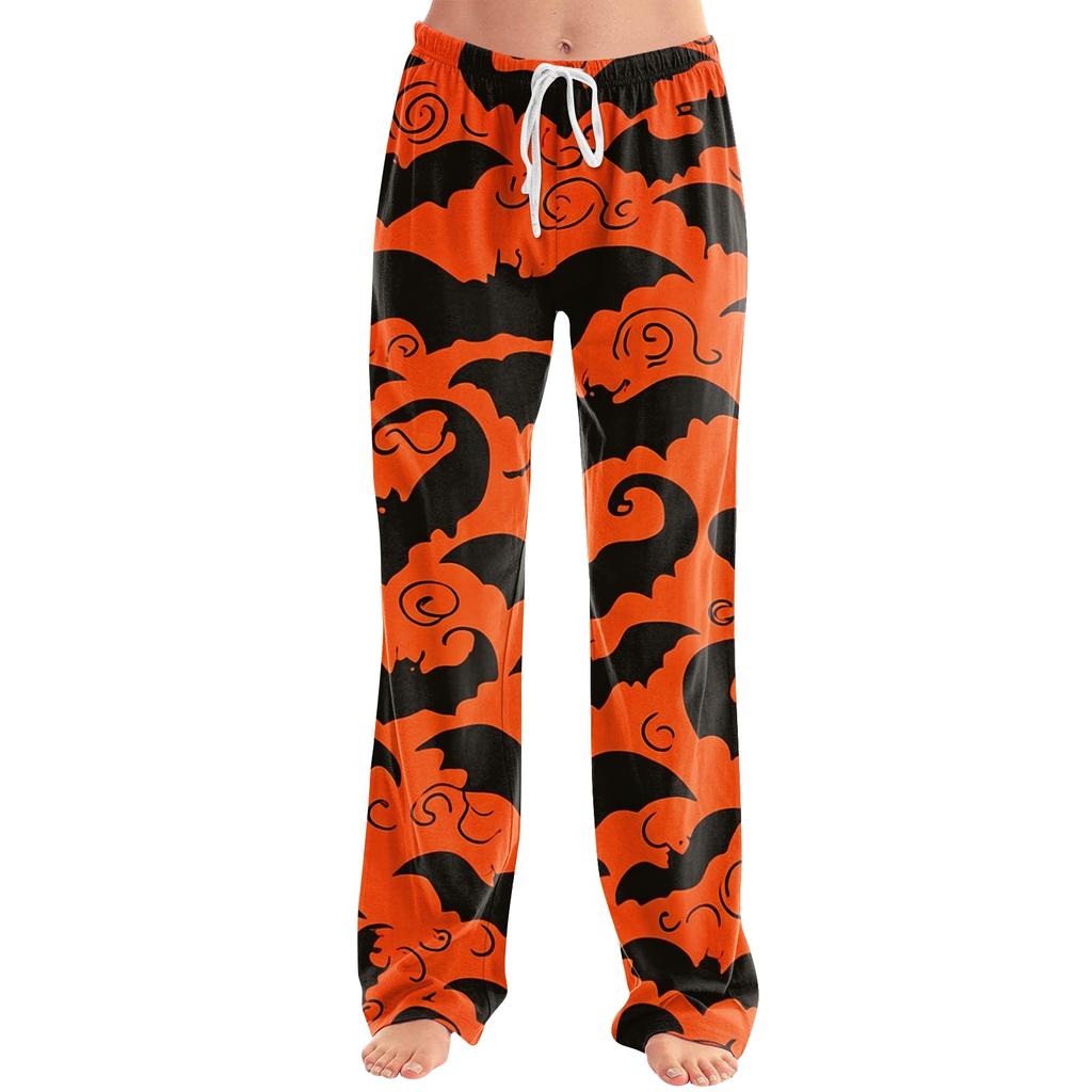 Damen Halloween Print Kordelzug Hose Lässige Lounge Hose Elastischer Bund Entspannte Passform Vollständige Länge Hose für den Alltag