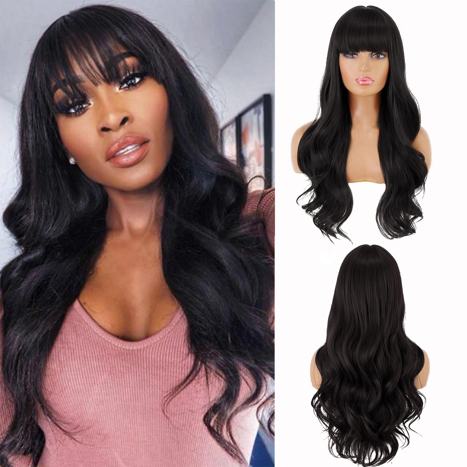 

Длинный черный парик MISSQUEEN с челкой, черные волнистые длинные парики для женщин, натуральный волнистый синтетический черный парик с длинной челкой для ежедневного использования чёрный/естественный