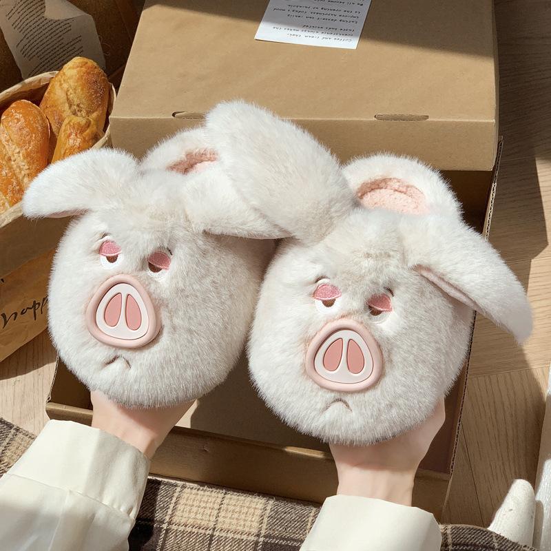 Cute Cotton Slippers 2025 New Winter Warm Non-slip Piled Thickened Fluffy Flying Pig Slippers Autumn