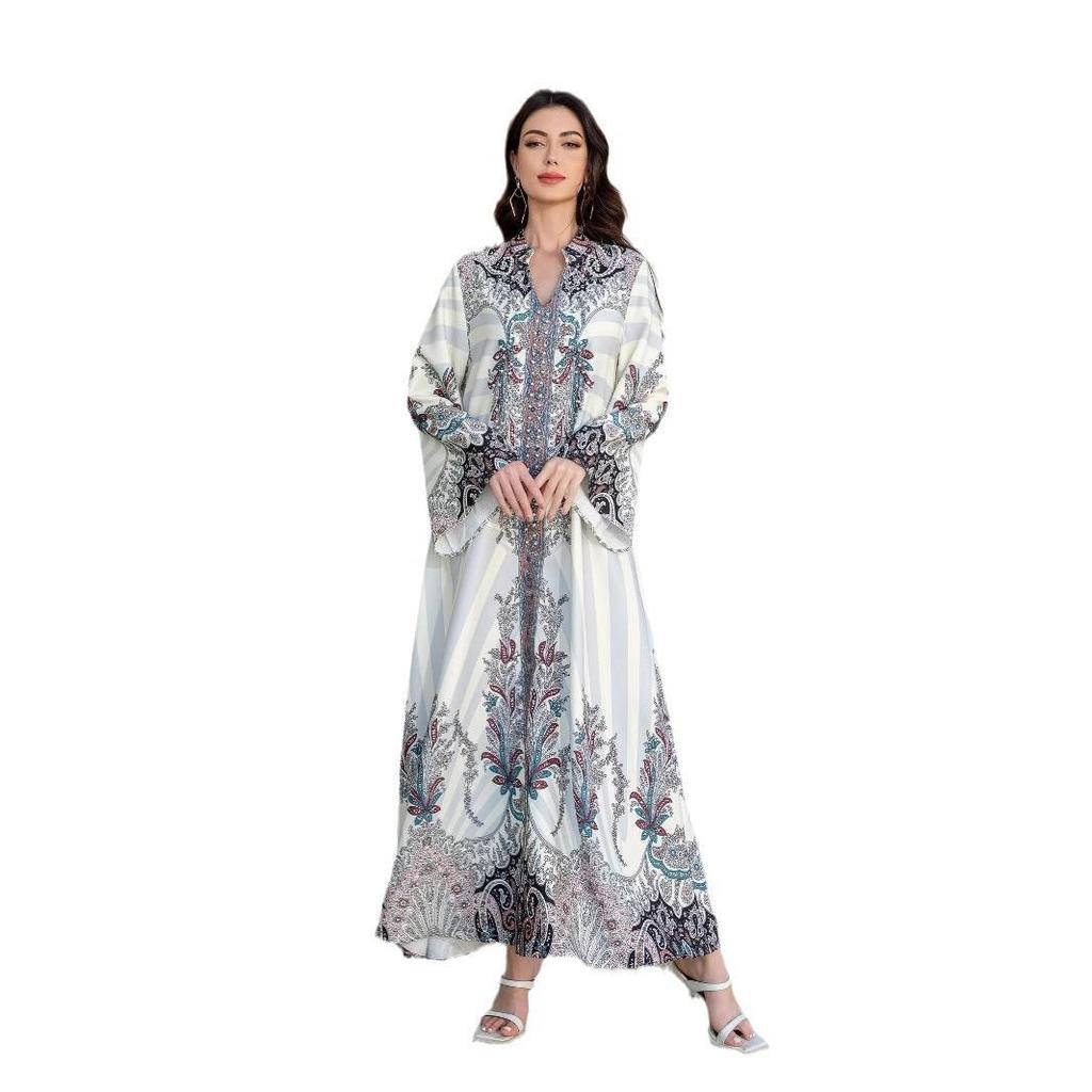 SW1101 Blisko-Wschodni Muzułmański Damski Strój Abaya z Nadrukiem, Koralikami z Cyrkonii i Stójką