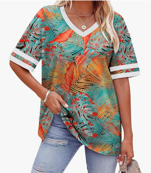 2026 Women's V-Neck Striped Color Block Loose Casual Sports Top