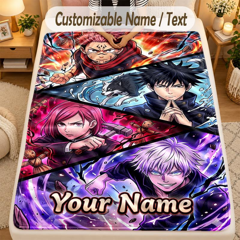 Flannel BlanketJujutsu Kaisen Custom Name Text Personalized Soft Warm Throw Blanket Home Decor Gift