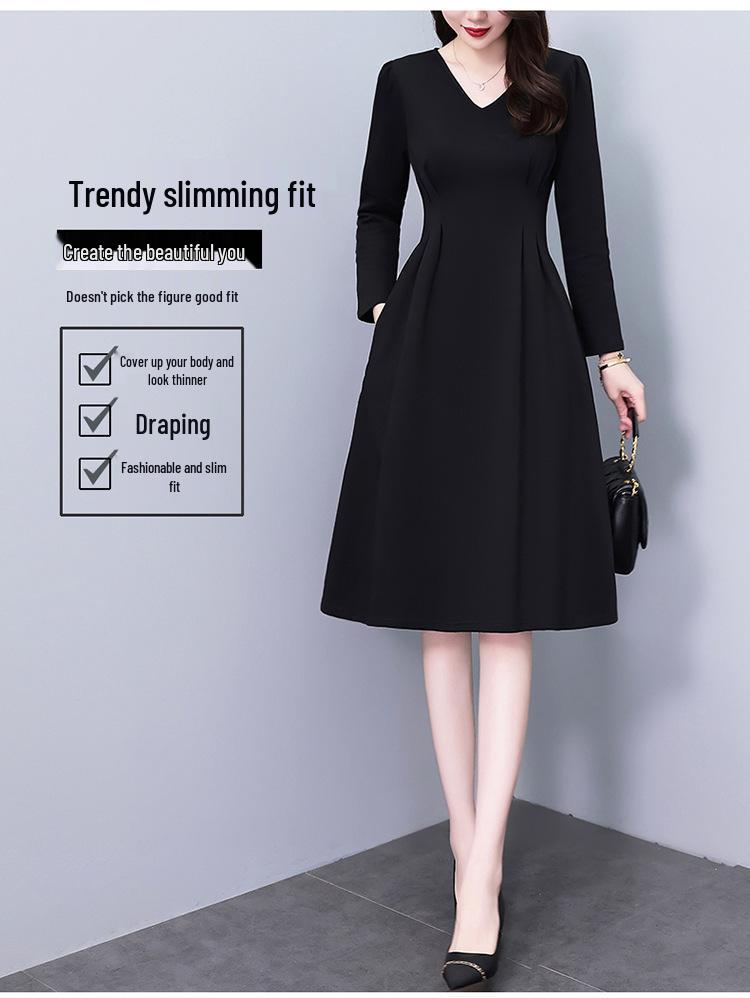 Elegant Black V-Neck Plus-Size Long-Sleeve Dress for Spring and Autumn