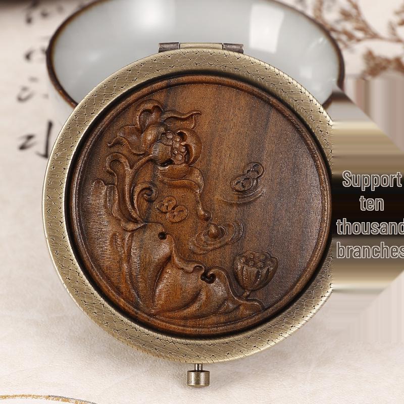 Portable Green Sandalwood Folding Vanity Mirror - Exquisite Round Design, 5 Styles Available