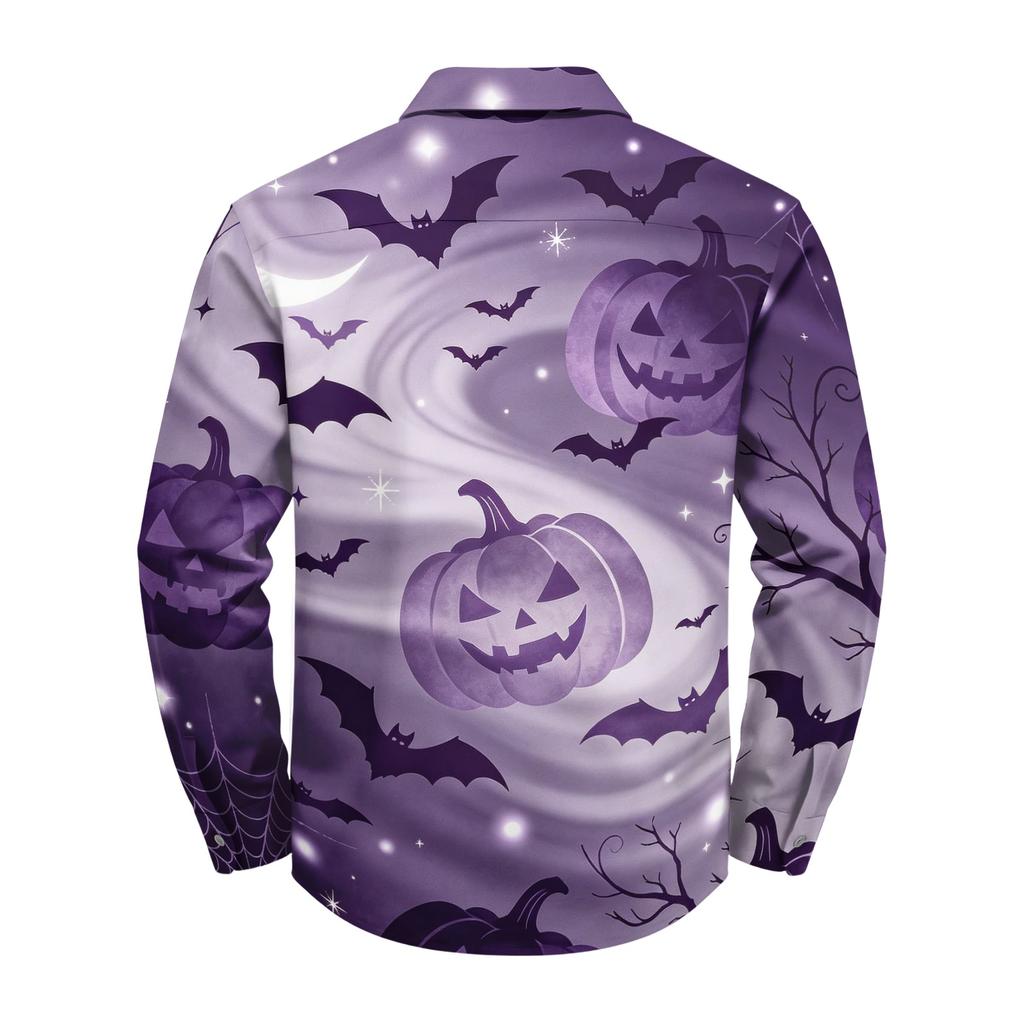 Men's Loose Fit Long Sleeve Shirt Halloween Pumpkin Print Casual Button Down Shirt Vintage Style Breathable Fabric Comfortable for Outdoor Workwear