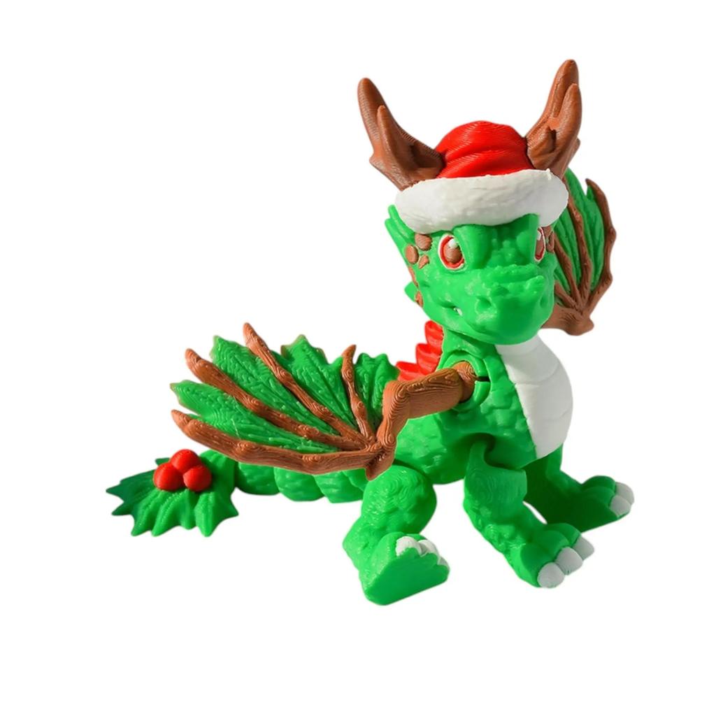 3D Printed Christmas Dragon Figure with Santa Hat Articulated Magic Dragon Model Toy Poseable Xmas Decor Ornament Kids Gift