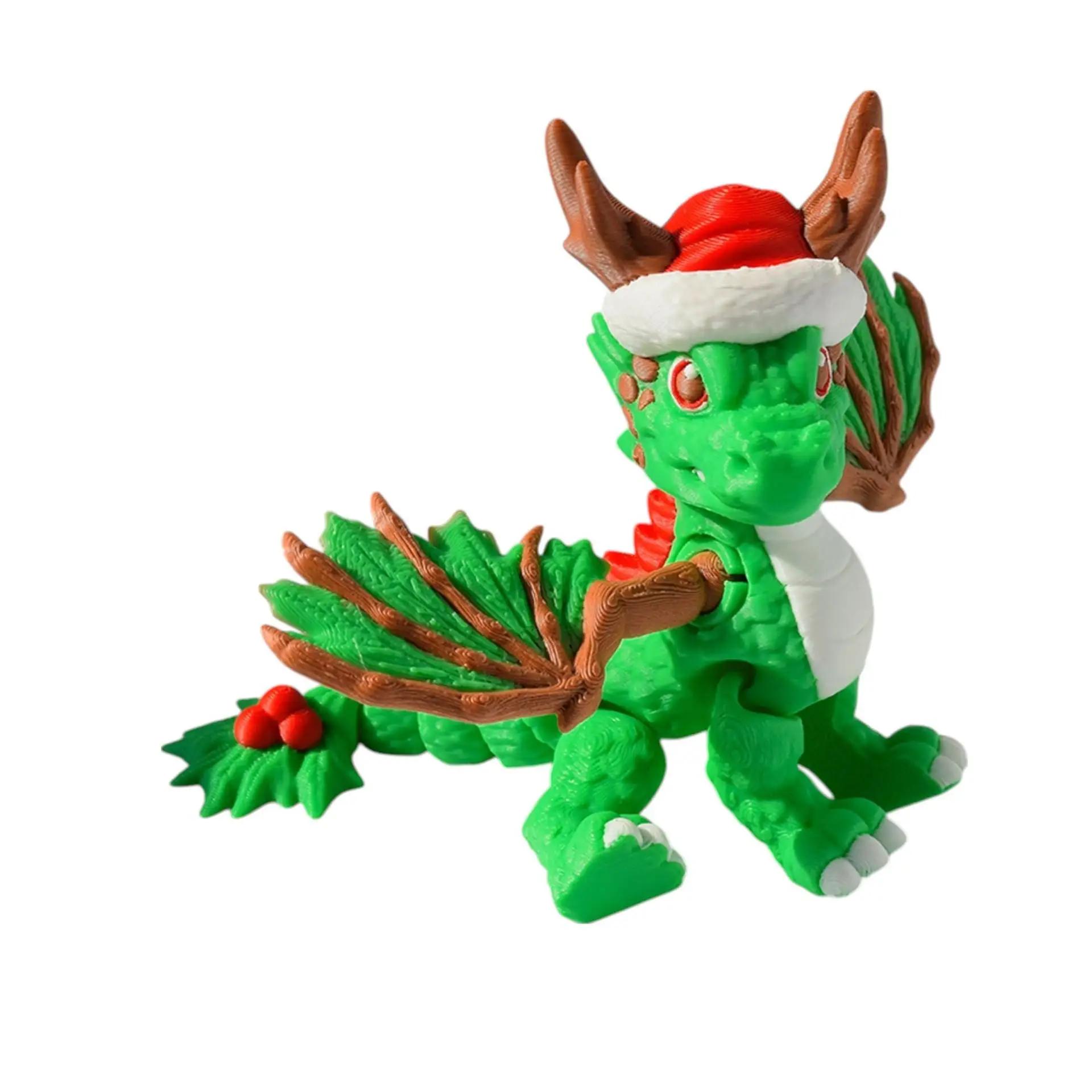 

3D Printed Christmas Dragon Figure with Santa Hat Articulated Magic Dragon Model Toy Poseable Xmas Decor Ornament Kids Gift
