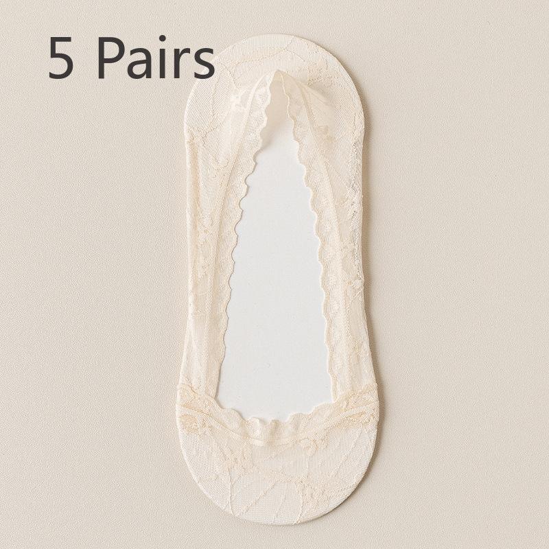 

5 пар женских летних кружевных носков из чистого хлопка, впитывающих пот, невидимых, нескользящих 5 Pairs телесный