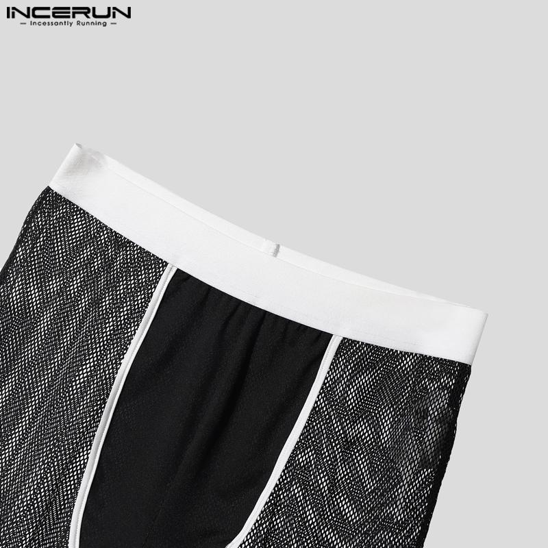 INCERUN Men Underwear Sets Mesh Sheer Print Patchwork Tops Shorts Outfit Home Wear