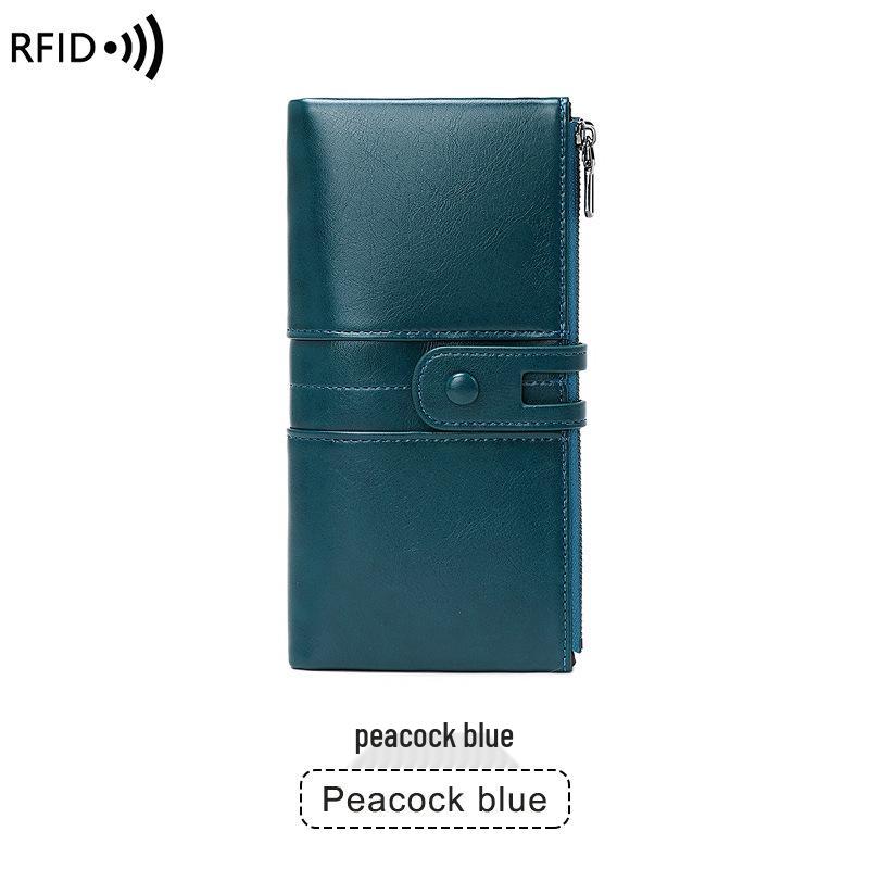Cross-border RFID Women's Anti-Magnetic Wallet - Soft Oil Wax Leather Clutch, European & American Retro Long Zipper