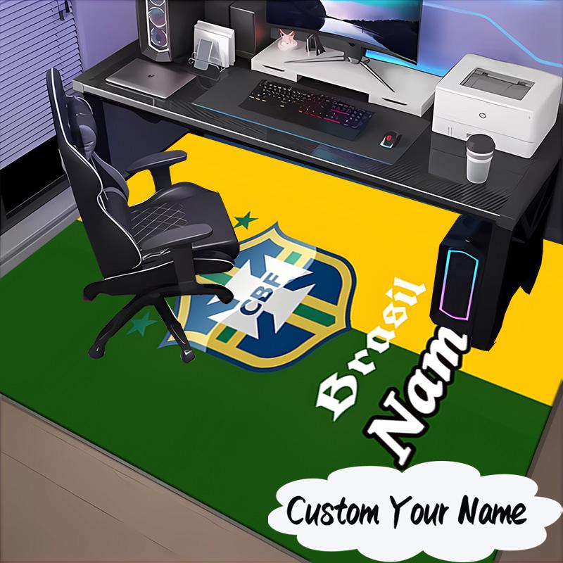 Custom Name Brasilian Pride Emblem Rug for Living Room, Game Rooms, Office, Bedroom, Floor Mat Playful Design, fan gifts Christmas decor