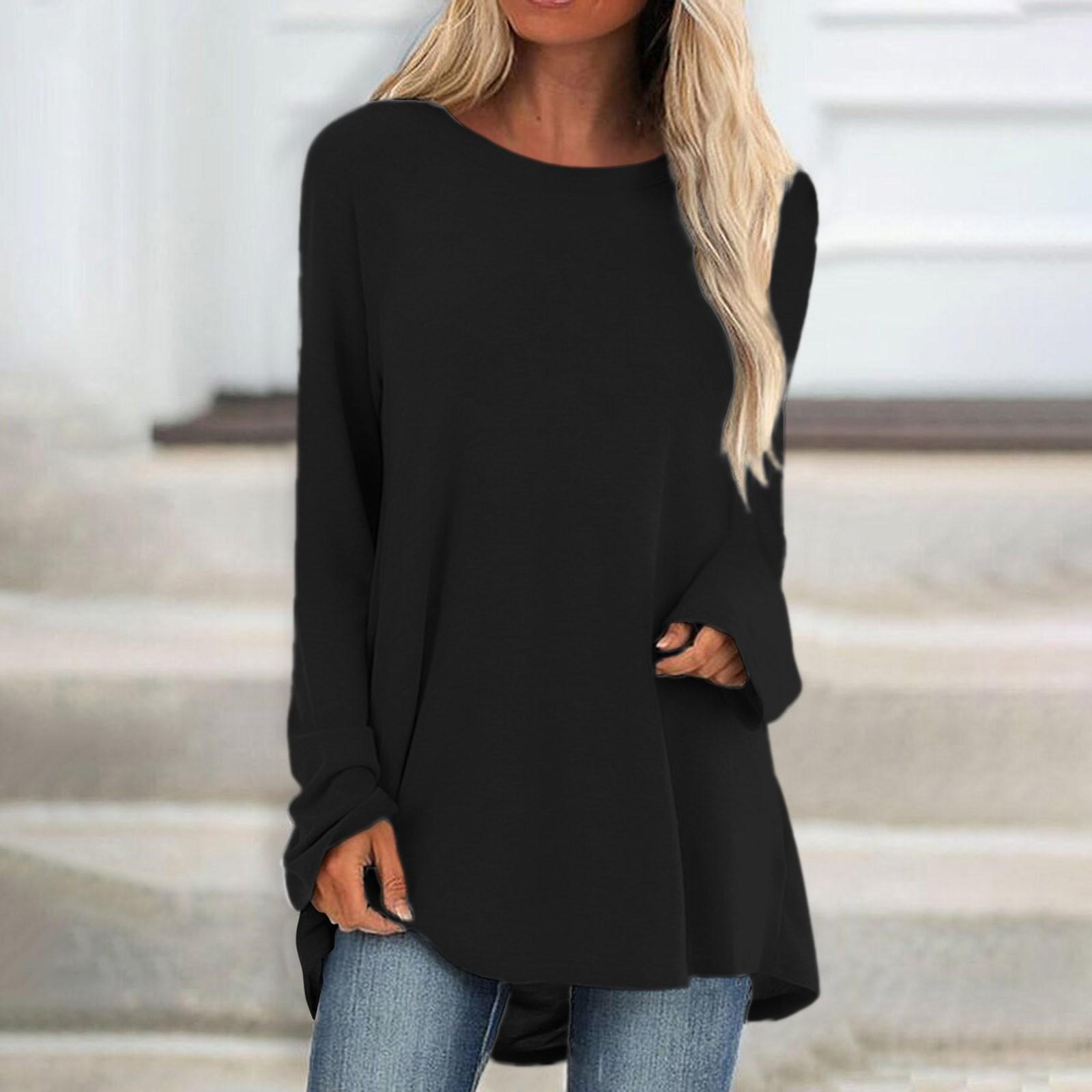 

Женская модная повседневная футболка, однотонный топ с длинным рукавом и круглым вырезом, средний длинный топ XXL