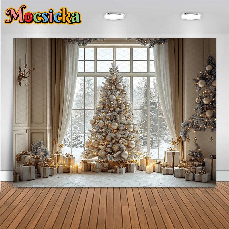 Mocsicka Christmas Background Photography Xmas Tree Winter Snow Home Window Gifts Decoration Baby Shooting Backdrop Photo Studio