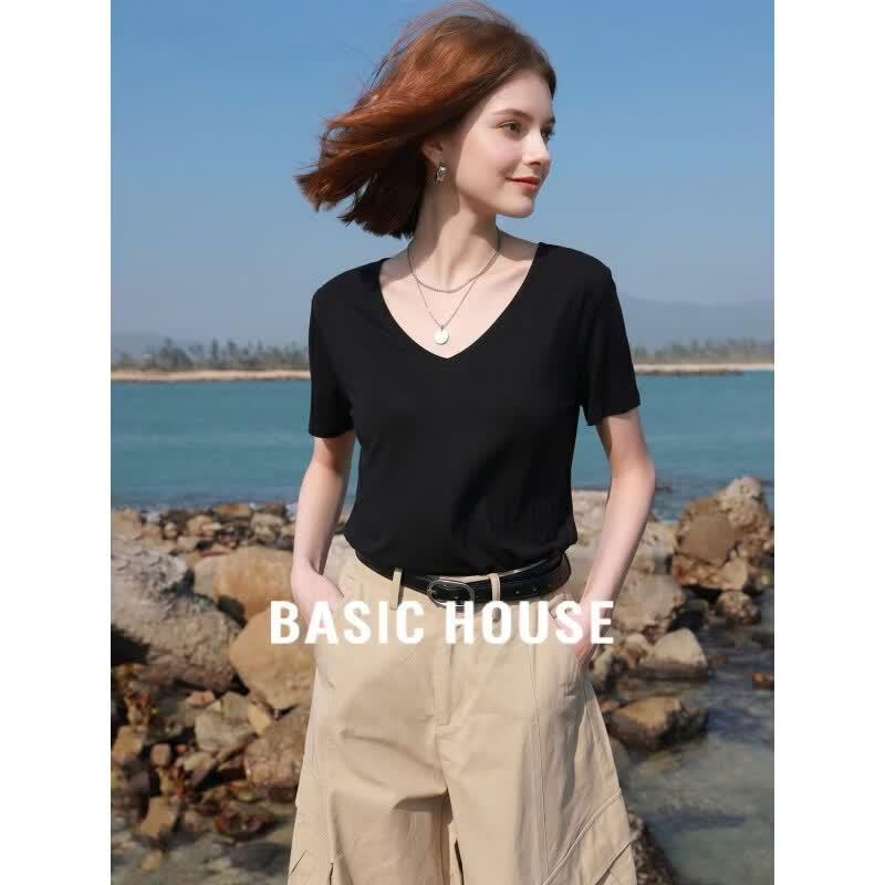 Basic House Women s Linen Blend V-neck T-shirt M