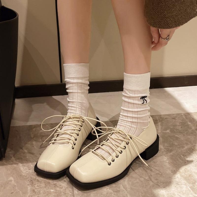 Fashion Fall New Coarse Heel Shoes Women's Fashion Square Head Center Front Lacing Anti-slip Wear-resistant Low-top Shoes