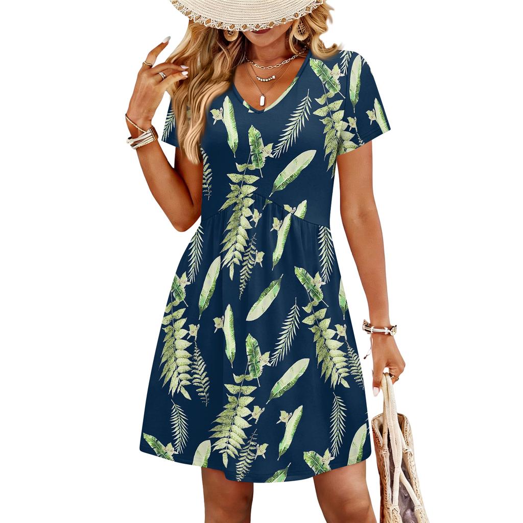 Modisches Damenkleid mit Print, V-Ausschnitt, kurzärmelig, locker, lässig, für den Strandurlaub
