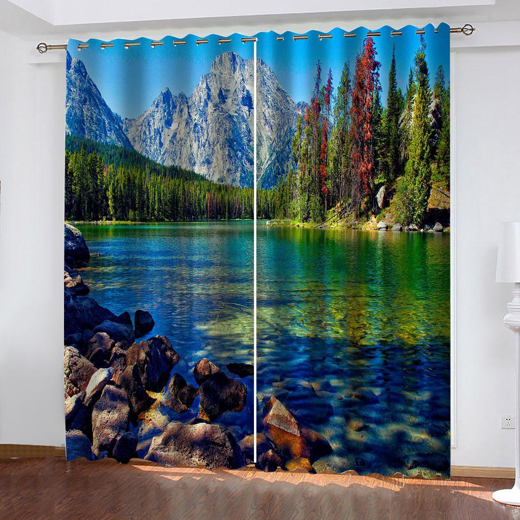 2PC Ocean Beach 3D Curtains Beautiful Landscape Pleasant Style Applicable Bedroom Balcony Living Room Kitchen Window Decor
