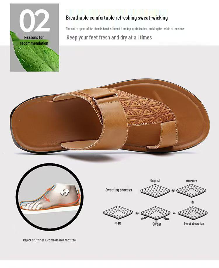 Men's 2025 Summer Genuine Leather Flip-Flops - Embossed Cowhide Toe-Post Sandals for Sport & Casual Wear