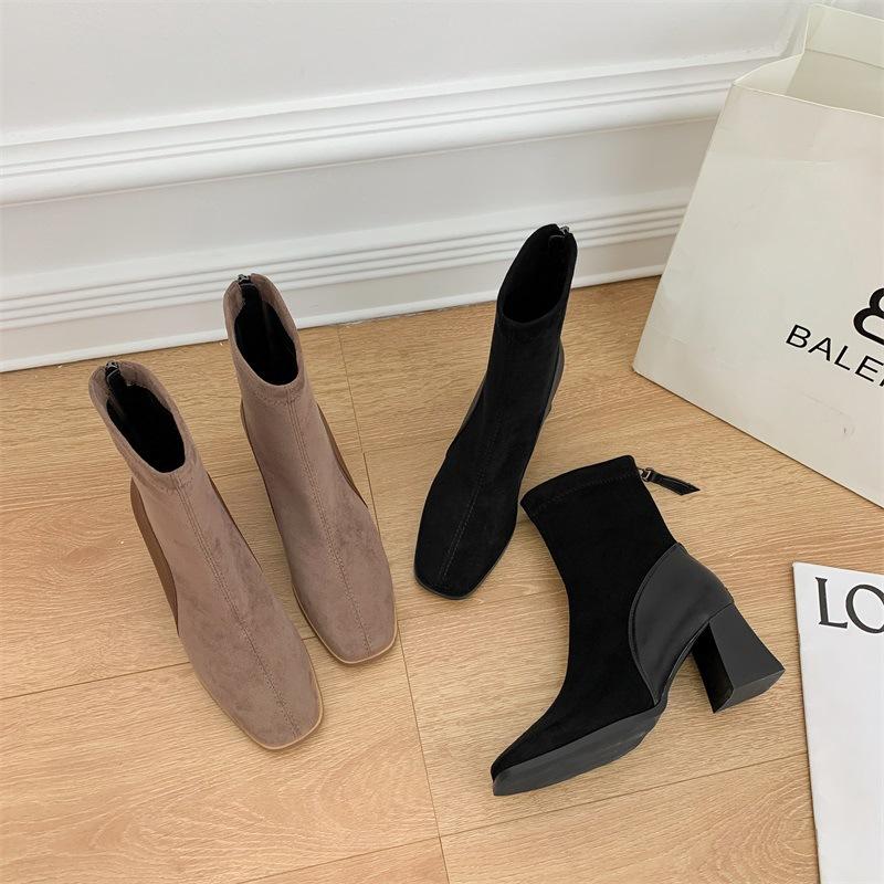 Korean version of square head suede short boots children's 2024 autumn and winter new British style thick heel short boots rear zipper boots women