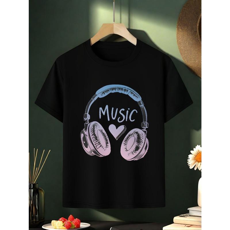 European sizes Music Theme Girls' T-Shirt - Soft  T-Shirt with Music Headphones Print, Perfect for Summer Casual Wear,