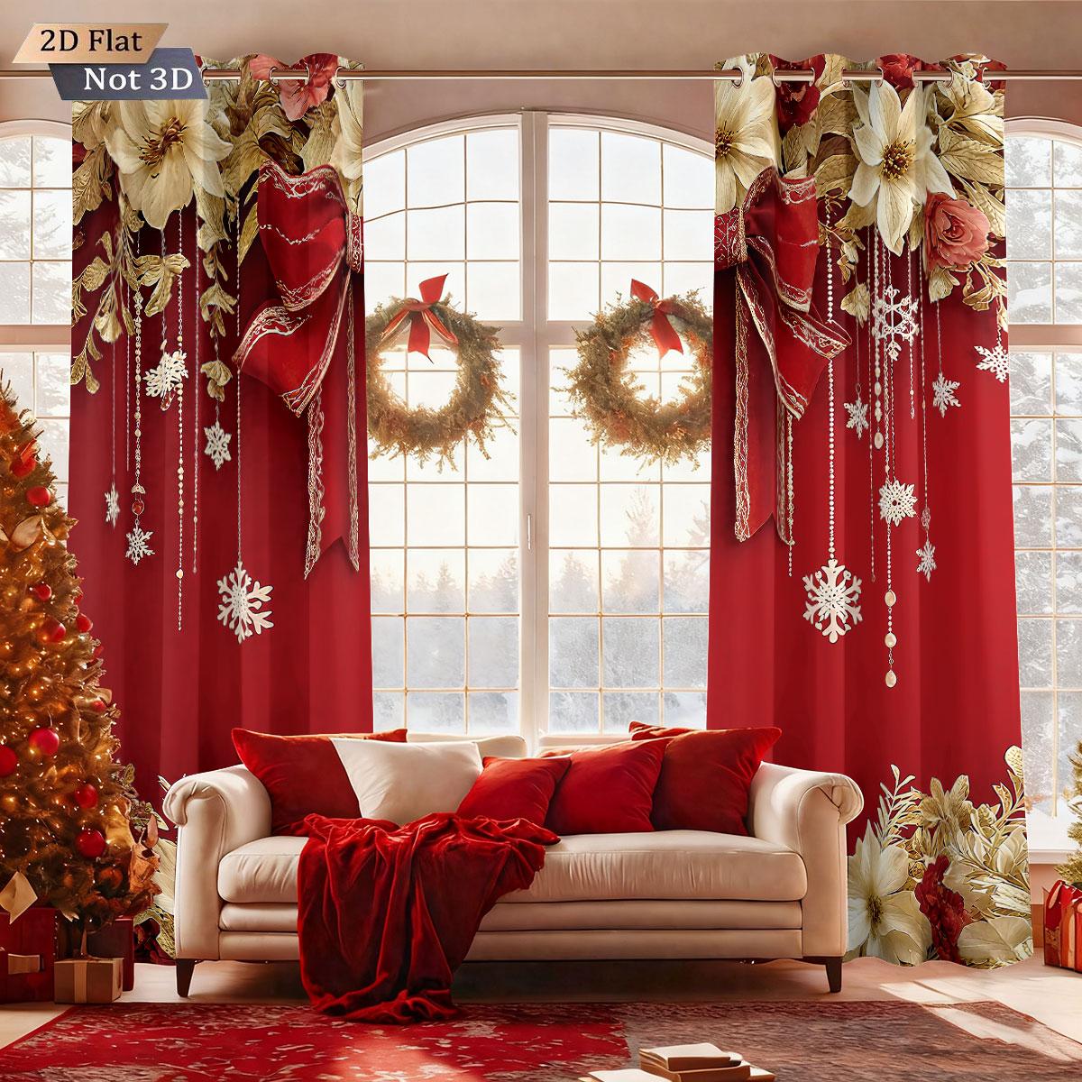 

2pcs Christmas ball bow red printed blackout curtains multiple size living room insulation holiday decoration machine washable 100*130 Rod Pocket 1pcs
