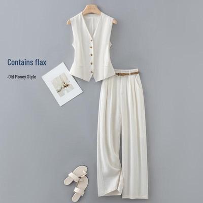 Set Gilet Scollo a V e Pantaloni Lunghi in Misto Lino IHIMI