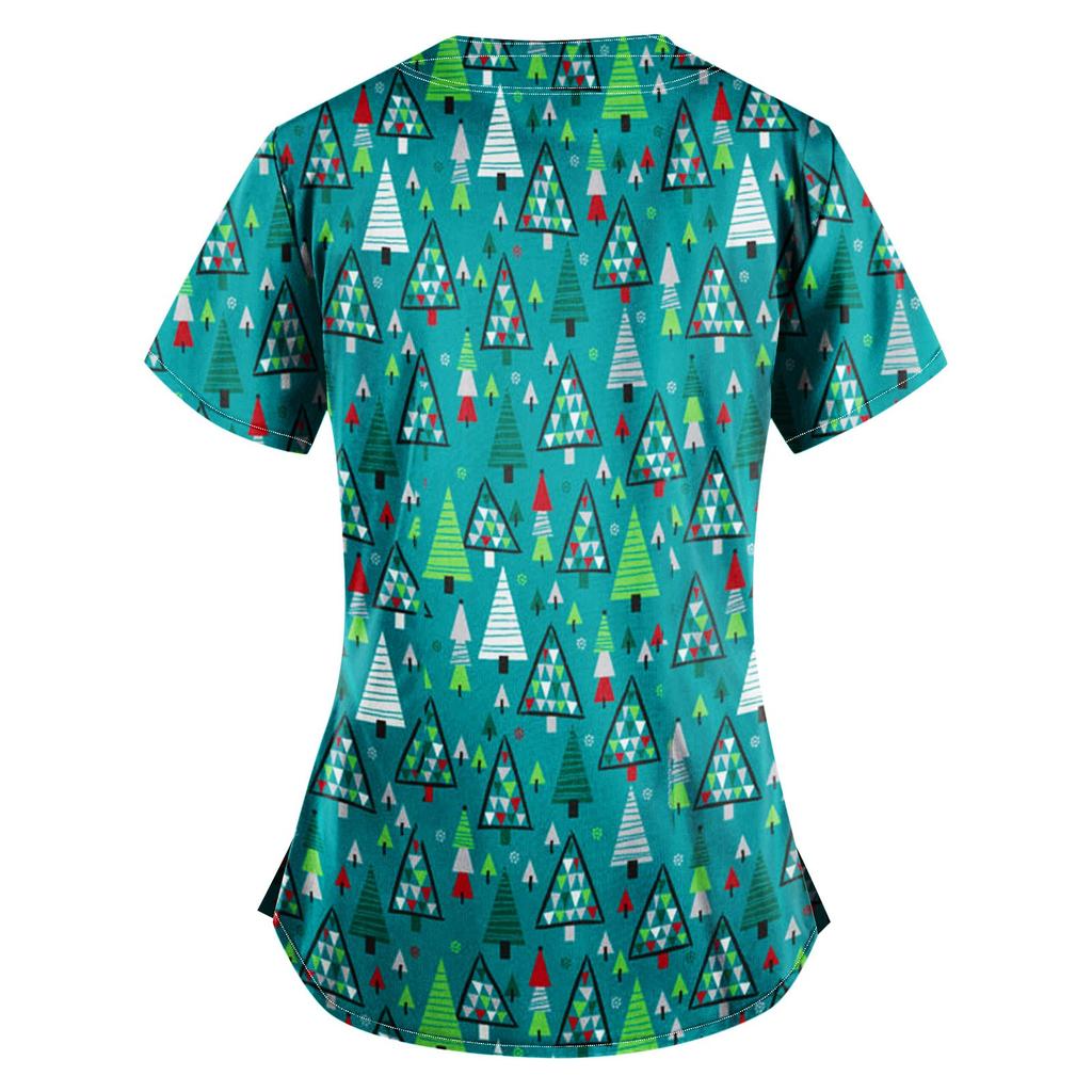 Women Short Sleeve V Neck Christmas Cartoon Pattern Tops Pocket Working T-shirts Non-positioning Print