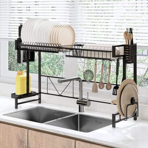 Expandable Dish Drainer, Adjustable Width 60-100cm, Large Capacity, Multi-functional Storage, 6 Hooks, Plate Holder, Knife Stand, Cutting Board Holder