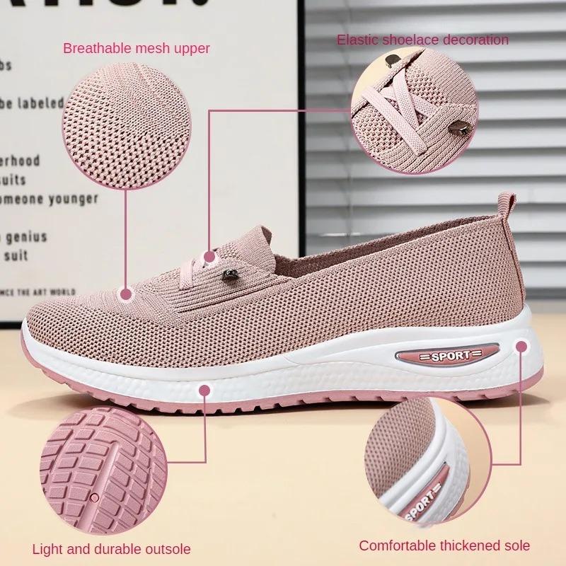 Women's Shoes New Styles Plus Size Casual Shoes Flyknit Breathable Mom Shoes Low-Cut Lightweight Flats Lace-Up Mesh Shoes