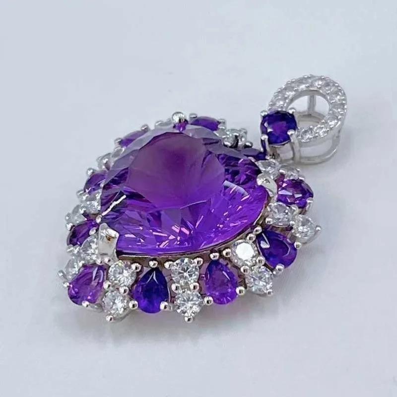 SACE GEMS 925 Sterling Silver 15MM Natual Amethyst Pendant Necklaces for Womne Engagement Cocktail Party Fine Jewelry
