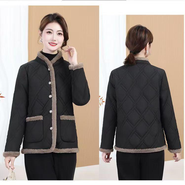 Women's Winter Cotton Jacket: Fleece-Padded, Jacquard Fabric, Age-Reducing, Warm, Chinese-Style, Enhanced Thickness.