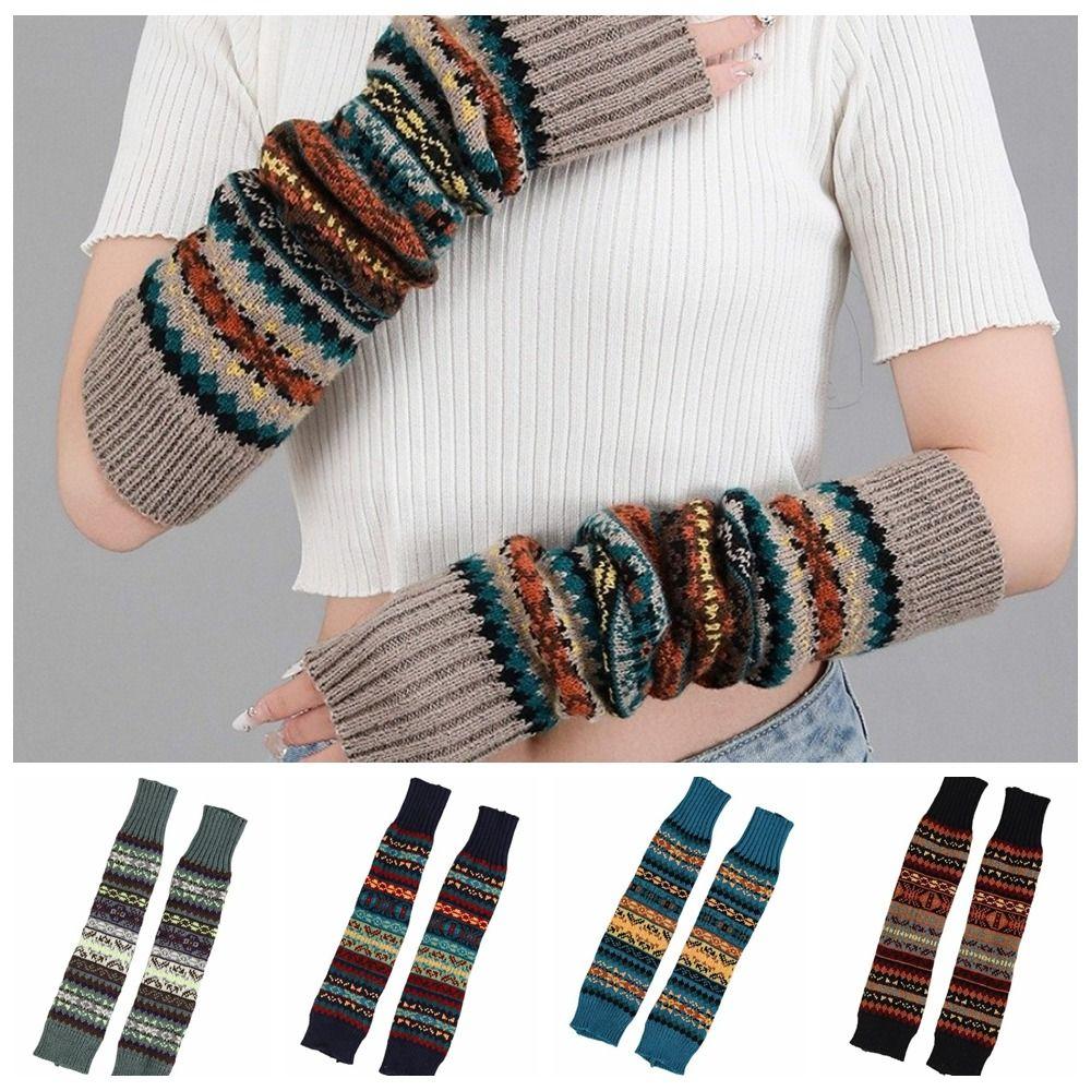Bohemian Style Knitted Fingerless Sleeves Thickened Warmer Long Cuff Y2K Star Arm Cover Festival