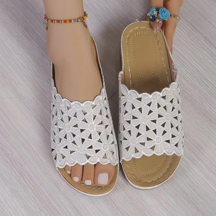 2024 Summer Floral PU Mid-Heel Wedge Slippers for Women - Plus Size & Casual