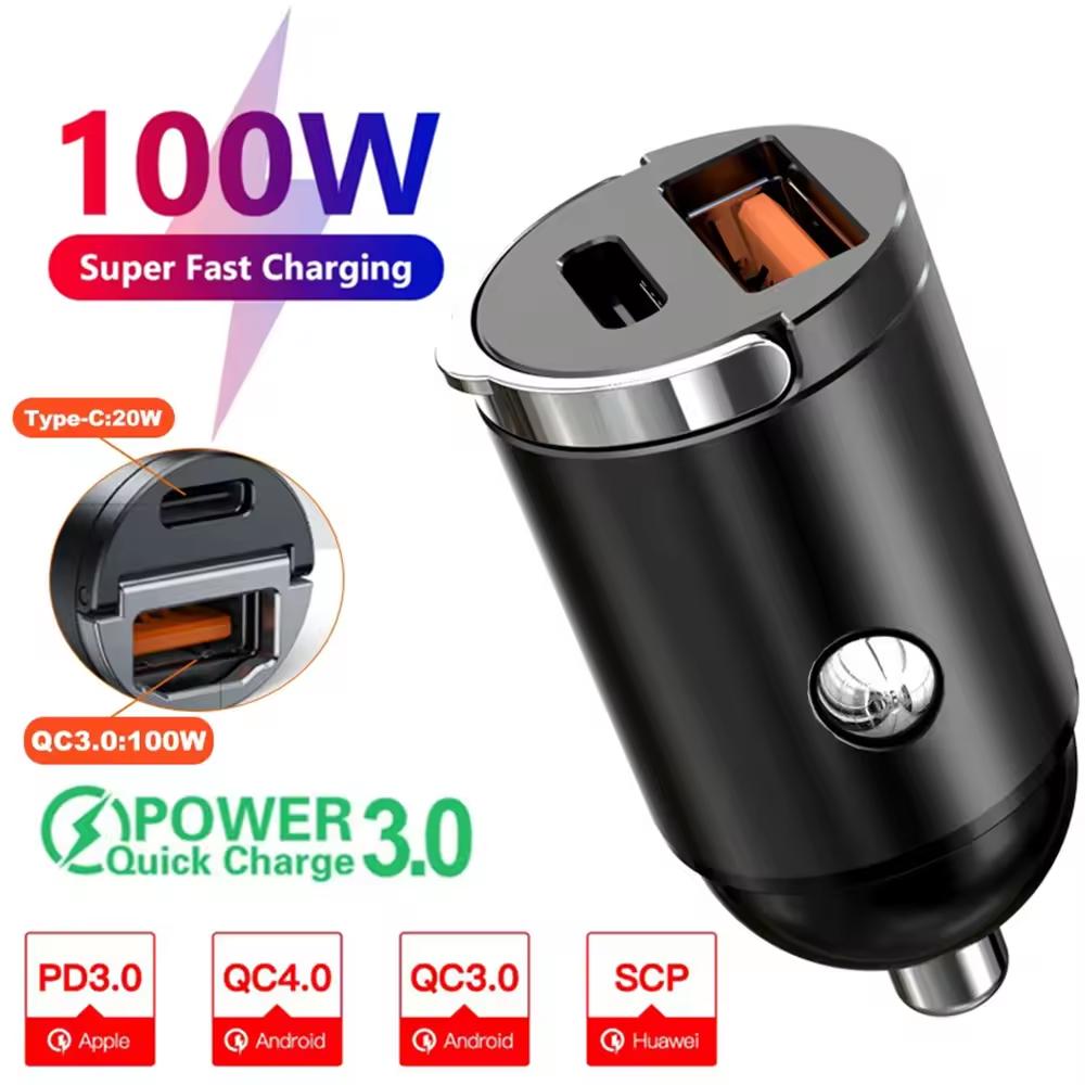 Mini 200W PD QC Pull Ring Fast Charging Car Charger USB C Car Phone Charger Adapter For iPhone 13 12 Xiaomi Samsung Huawei Power