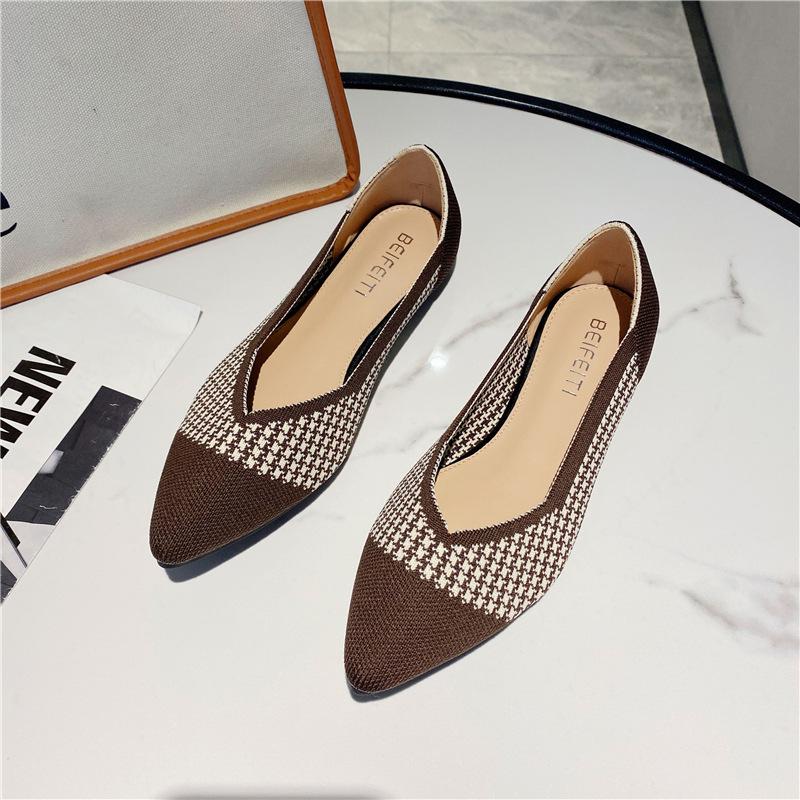 New thousand bird grid woven super soft pointed shallow mouth women's single knitted shoes flat Doudou shoes