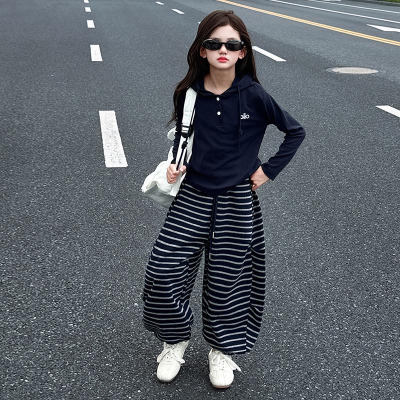 

Girls Hooded Striped Pants Set - Spring/Autumn 2025 Fashionable Casual Two-Piece 120cm