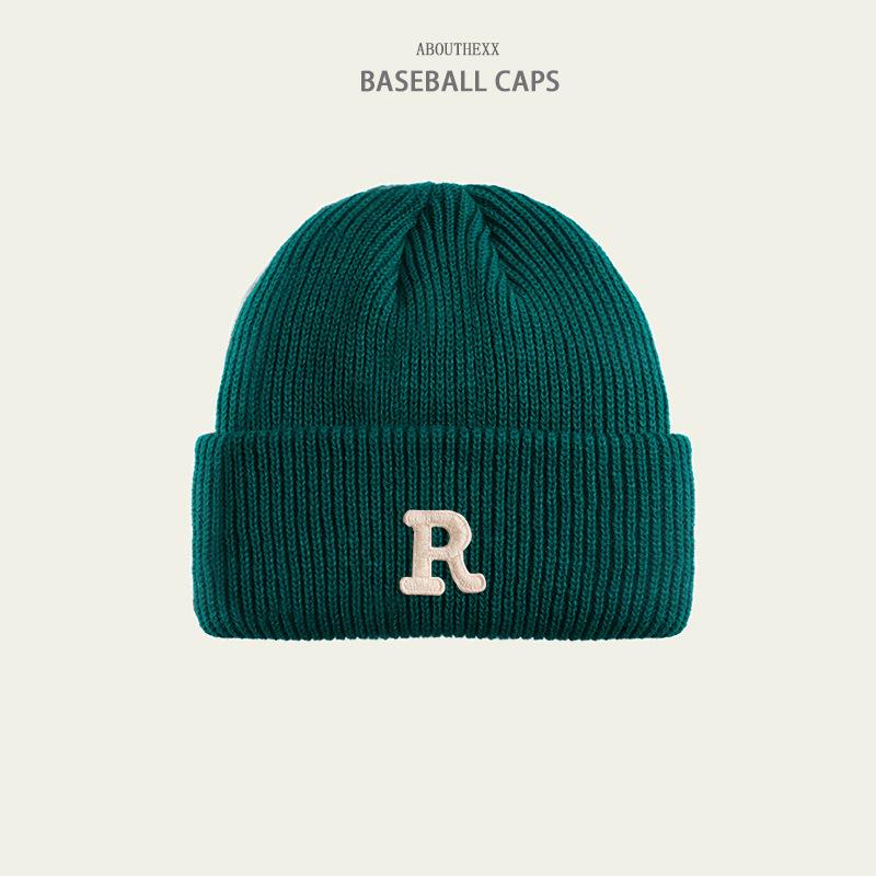 Hats for Women's Autumn and Winter New Warm Knitted Hat Korean Version Versatile R Letter Wool Hat Couple Head Hat Men's Trend