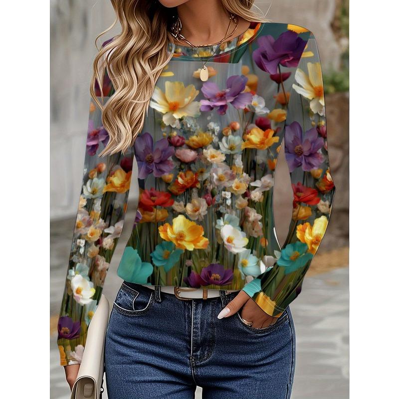 Round Neck 3D Flower Printed Top Casual Long Sleeved Women's T-shirts - Soft Medium Stretch Polyester Fabric Spring and Autumn Relaxed Fit Clothing