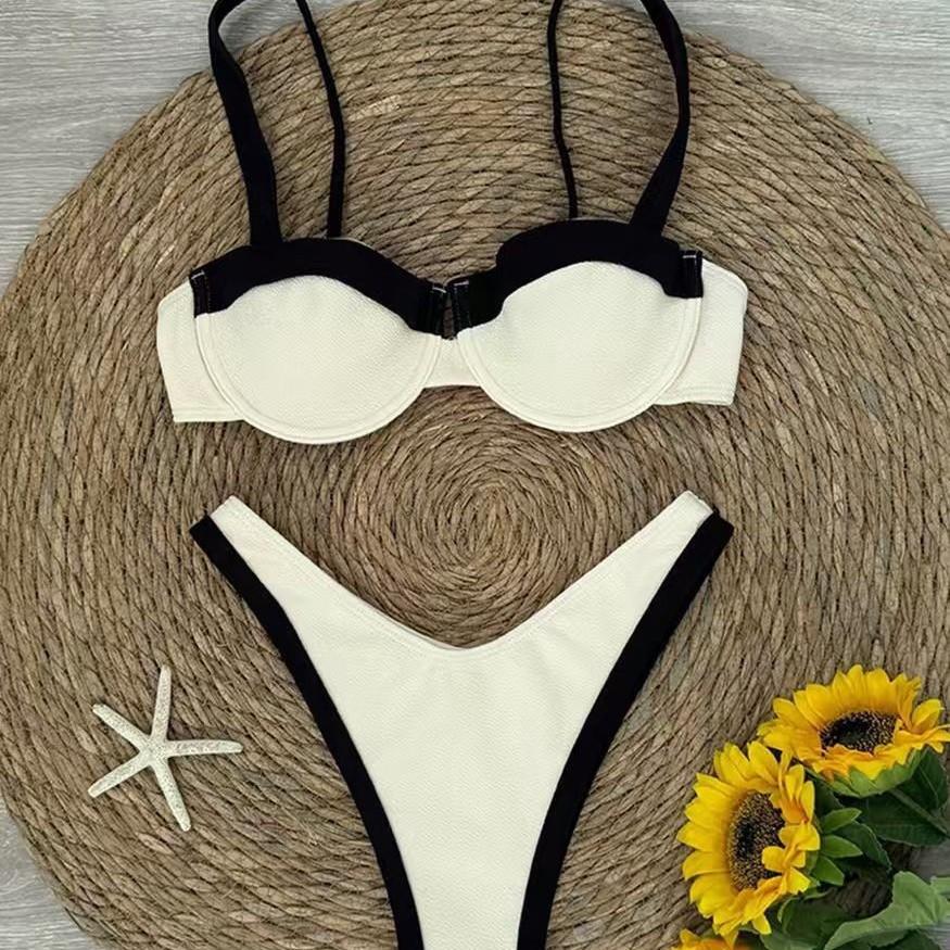 

Women s Color Block Strapless Bandeau Bikini Set High Leg Cut Sexy Two Piece Swimsuit Summer Beach Vacation Bathing Suit Swimwear XS белый