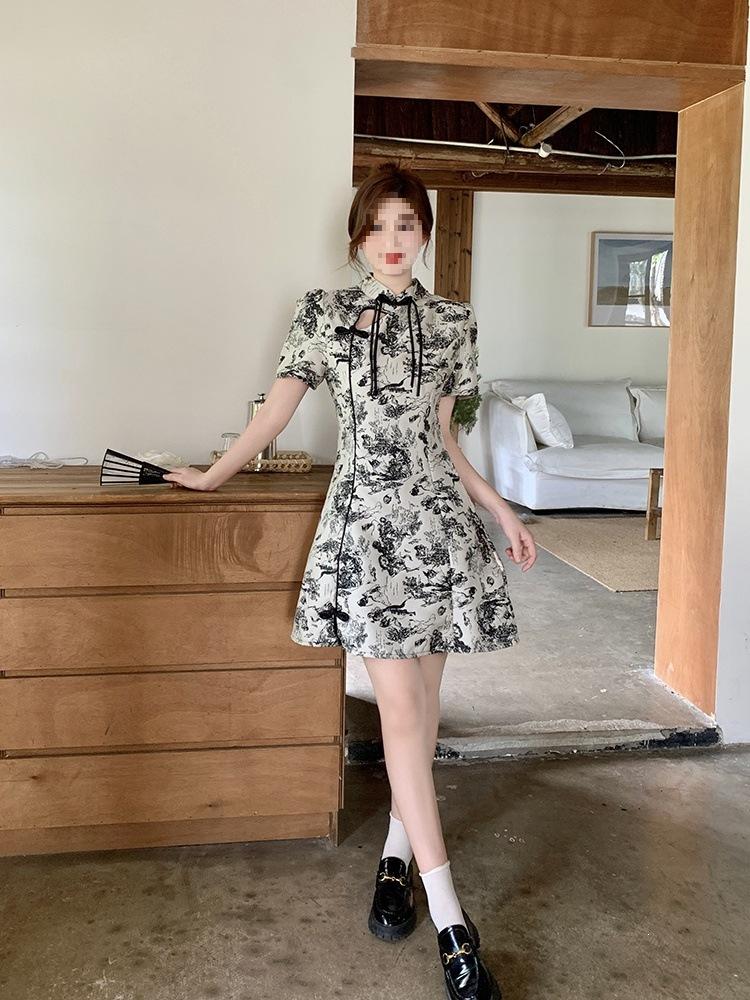 Summer women's clothing temperament national style retro cheongsam collar new dress fat mm waist cover belly and thin skirt