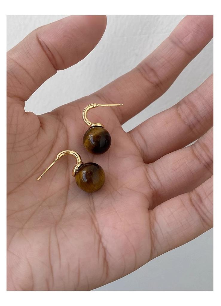 DOUDOUSTORE Silver Needle Maillard Round Beads Tiger's Eye Stone Basic Vintage Earrings Femininity Stud Earrings