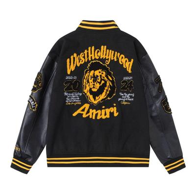 24 European and American Trendy Brand Lion Head Embroidered Woolen Leather Sleeve Jacket for Men and Women
