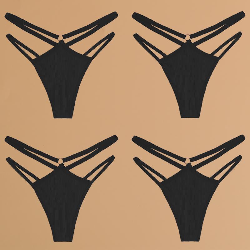 FINETOO 4-teilige Unterwäsche aus Baumwolle mit doppeltem, dünnem Gürtel für Frauen, sexy, niedrige Taille, gestreifte Tangas, einfarbige Damenhöschen, atmungsaktive Dessous