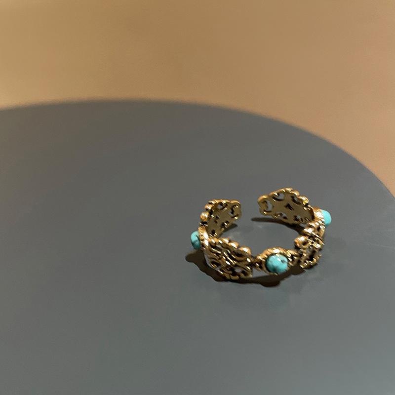 Vintage Ethnic Bronze Color Open Finger Ring For Women Relief Devil's Eye Heart-Shaped Blue Zircon Ring Jewelry