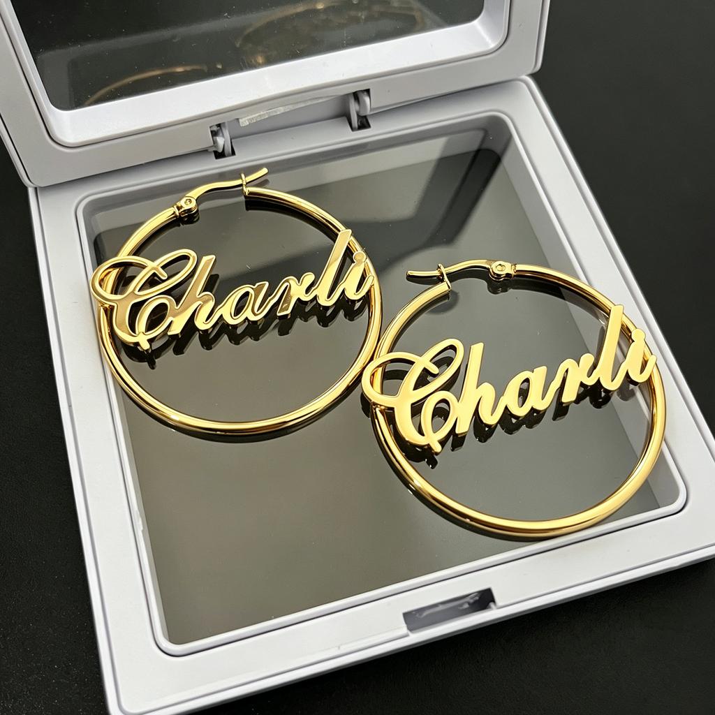 Personalized Name Hoop Earrings Custom Stainless Steel Nameplate Earrings 18k Gold Plated Letter Name Earrings Custom Gifts