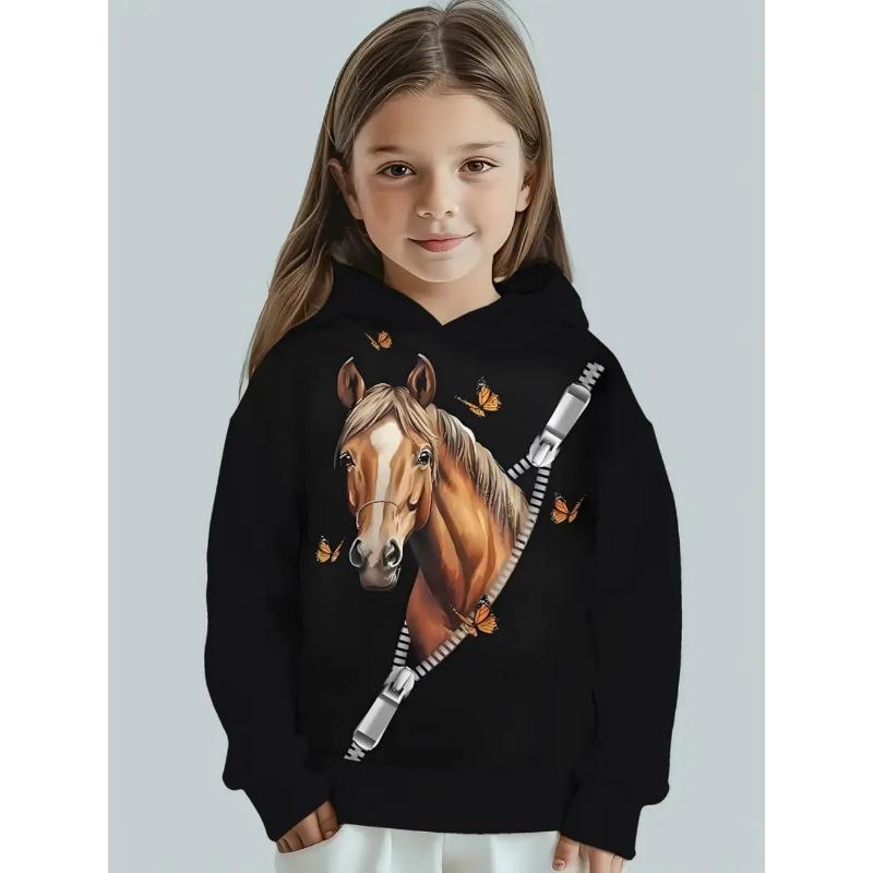 Vêtements Cool pour Filles Équestres Animaux Impression 3D Automne Sweats à Capuche Manches Longues Amples Légers Sweat Confortable Vêtements pour Enfants