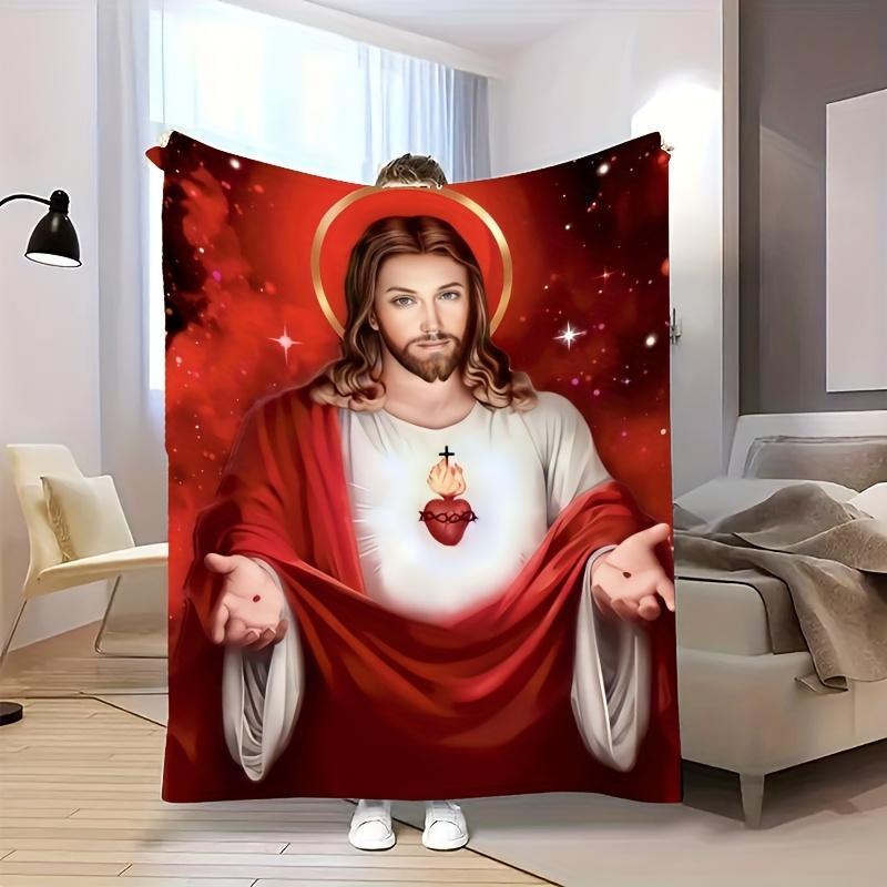 Sacred Jesus Sacred Heart Flannel Blanket, Warm and Comfortable Religious Theme Blanket for Home Decor with Elegant Red