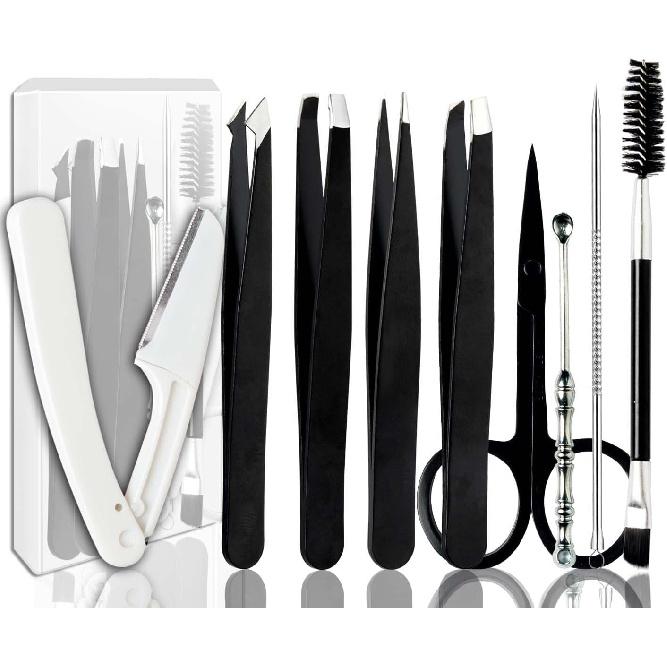 Tweezers Kit Tweezer for Women Facial Hair Removal Tweezers Professional Tweezers Set Eyebrow Tweezer, [9+1 PCS] Professional Stainless Steel Eyebrow