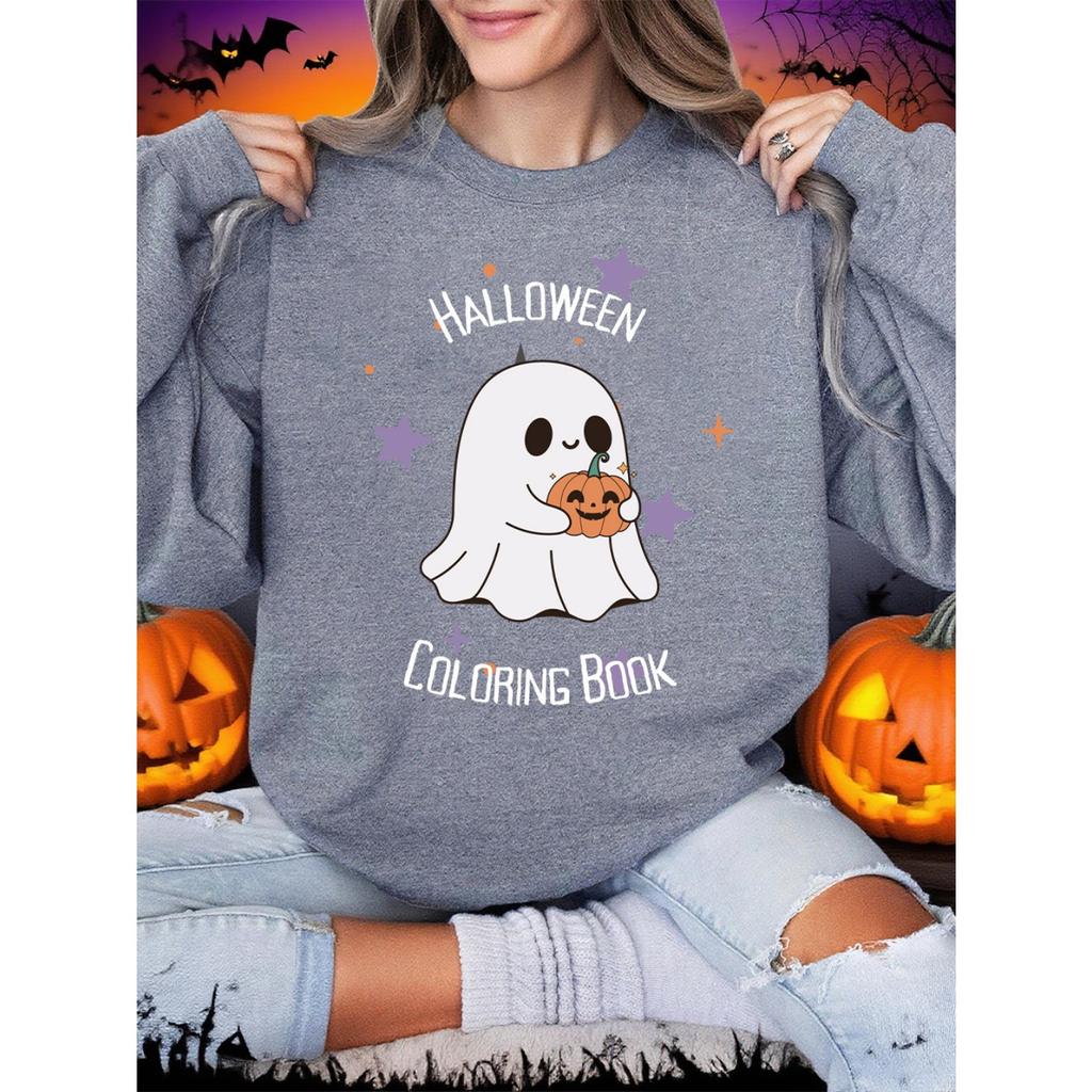 Halloween Coloring Book Printing Sweatshirts Women Winter Fleece Warm Hoodie O-Neck Loose Pullover Basics Sporty Womans Clothes