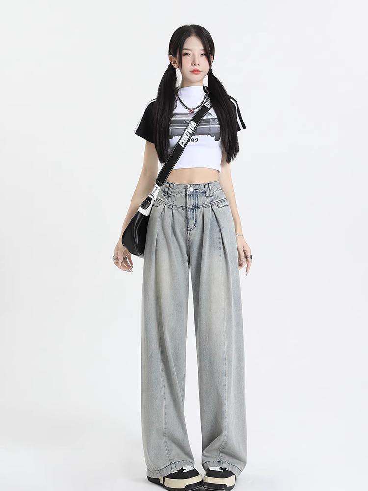 Blugi largi Y2k Pantaloni de blugi albaștri cu talie înaltă Pantaloni lungi din anii 2000 Pantaloni lungi din anii 90 Vintage oversize Moda coreeană